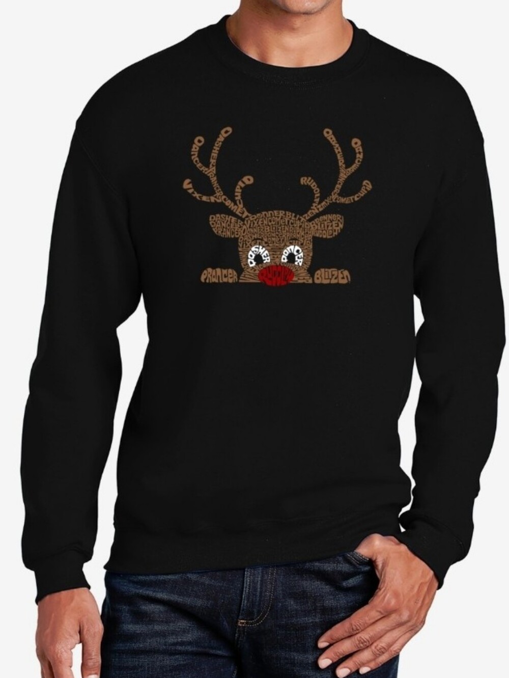 La Pop Art Men's Peeking Reindeer Word Art Crewneck Sweatshirt - Black NWT